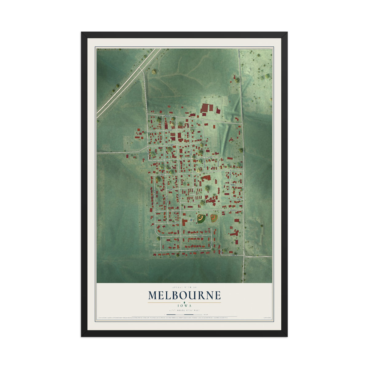 Map of Melbourne, Iowa, 12 x 18 inch print in a black wood frame