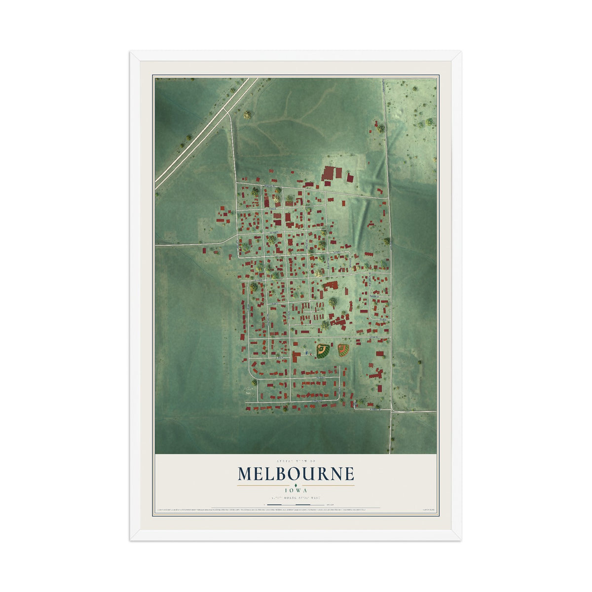 Map of Melbourne, Iowa, 12 x 18 inch print in a white wood frame