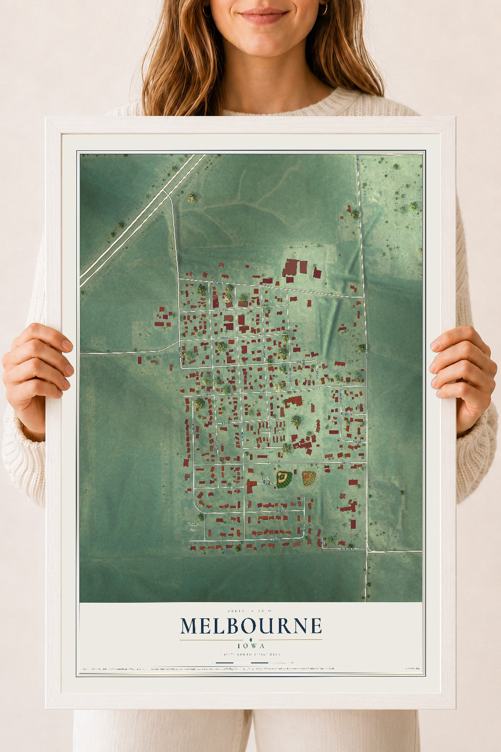 Map of Melbourne, Iowa, 18 x 24 inch print in a white wood frame