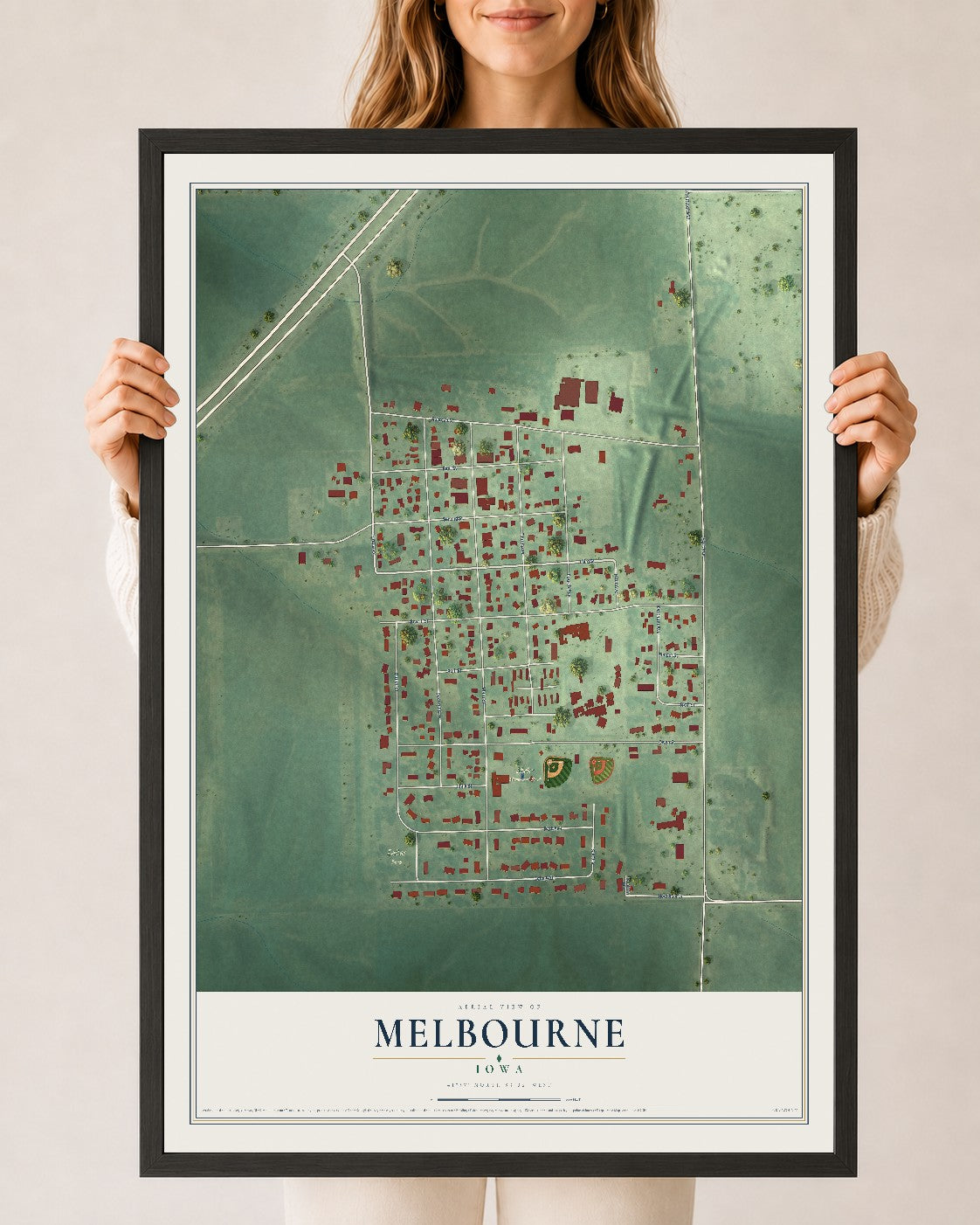 Map of Melbourne, Iowa, 24 x 36 inch print in a black wood frame