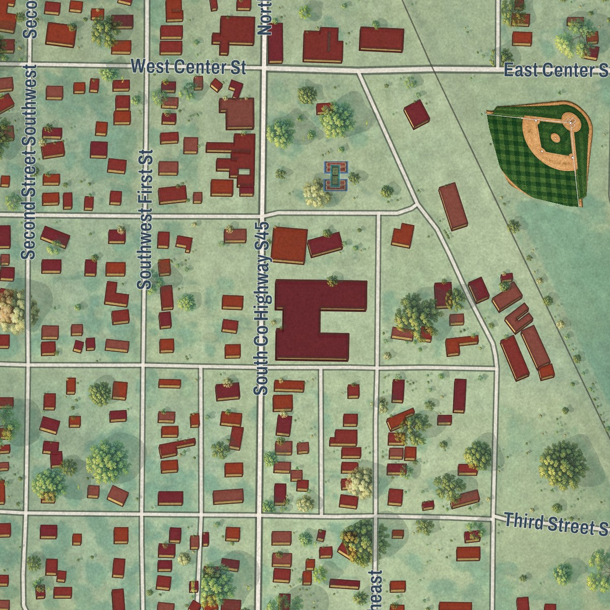 Close-up of the map of Melcher-Dallas, Iowa print showing street and building detail