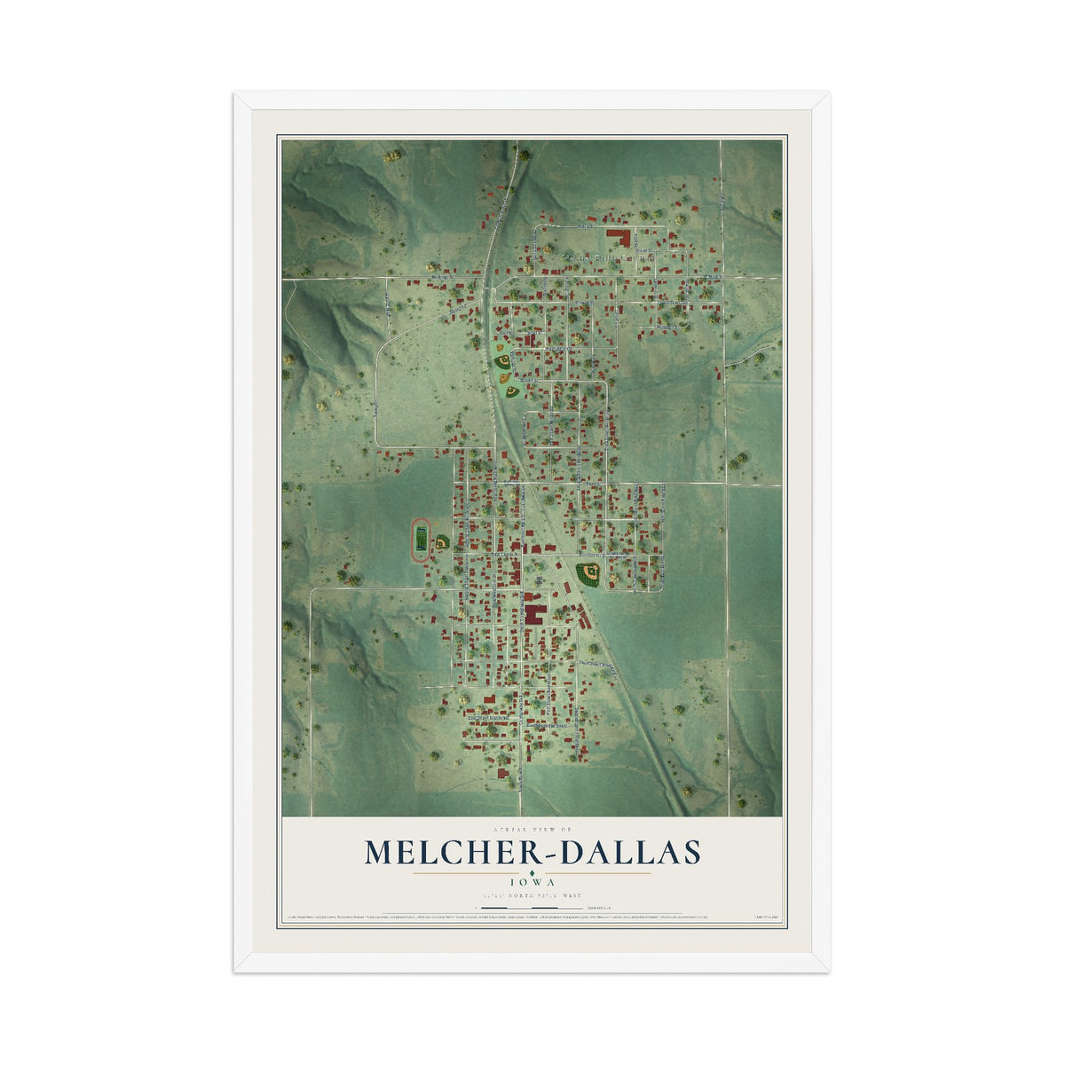 Map of Melcher-Dallas, Iowa, 12 x 18 inch print in a white wood frame