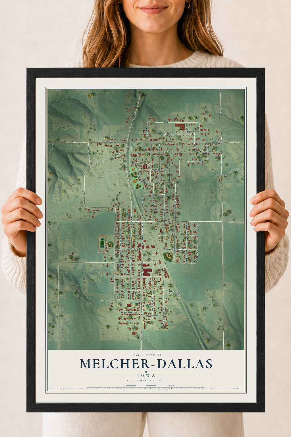 Map of Melcher-Dallas, Iowa, 18 x 24 inch print in a black wood frame