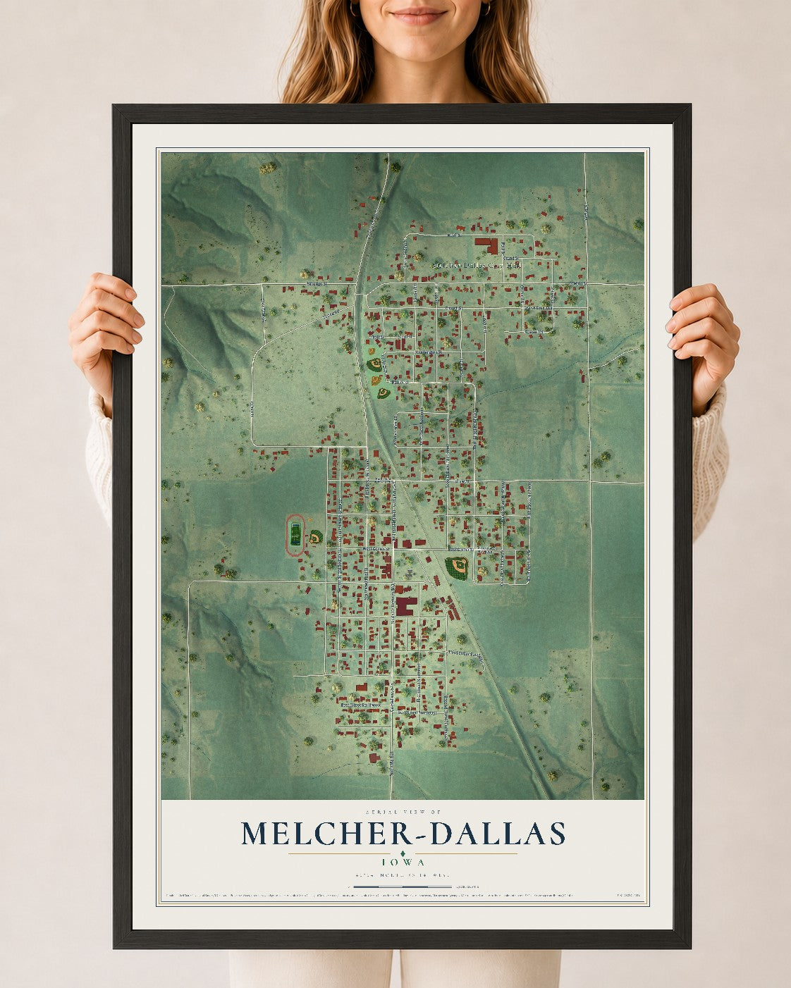 Map of Melcher-Dallas, Iowa, 24 x 36 inch print in a black wood frame