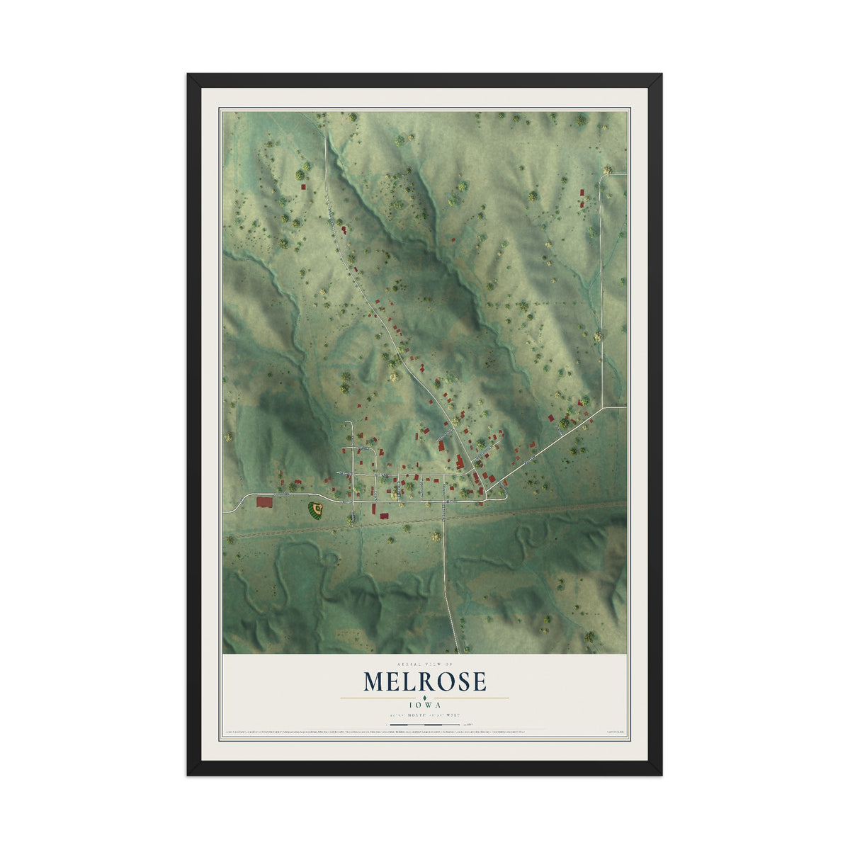 Map of Melrose, Iowa, 12 x 18 inch print in a black wood frame