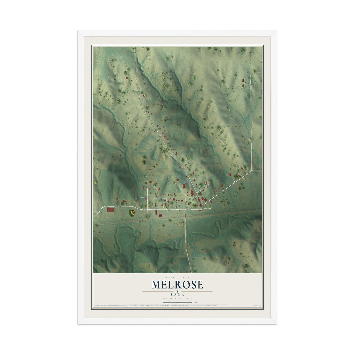 Map of Melrose, Iowa, 12 x 18 inch print in a white wood frame