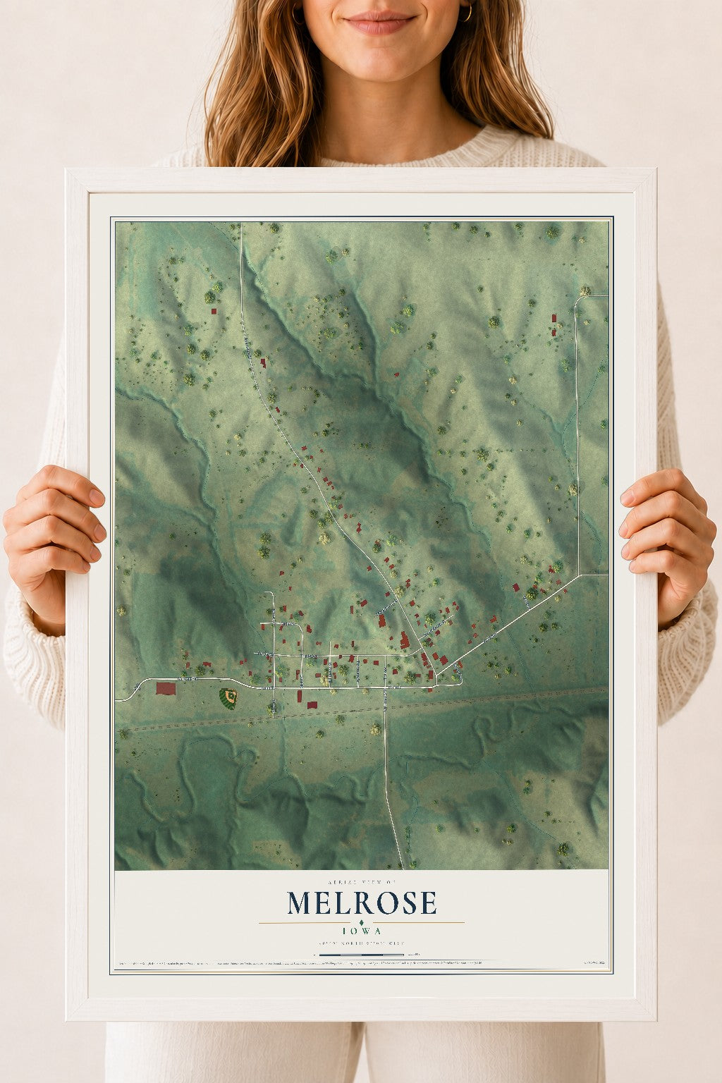 Map of Melrose, Iowa, 18 x 24 inch print in a white wood frame