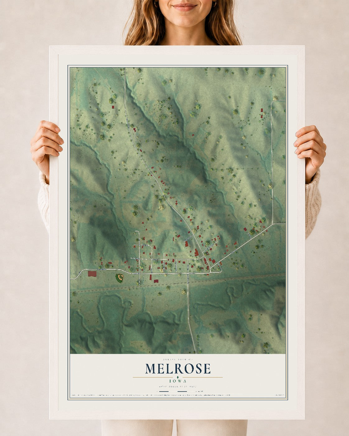 Map of Melrose, Iowa, 24 x 36 inch print in a white wood frame