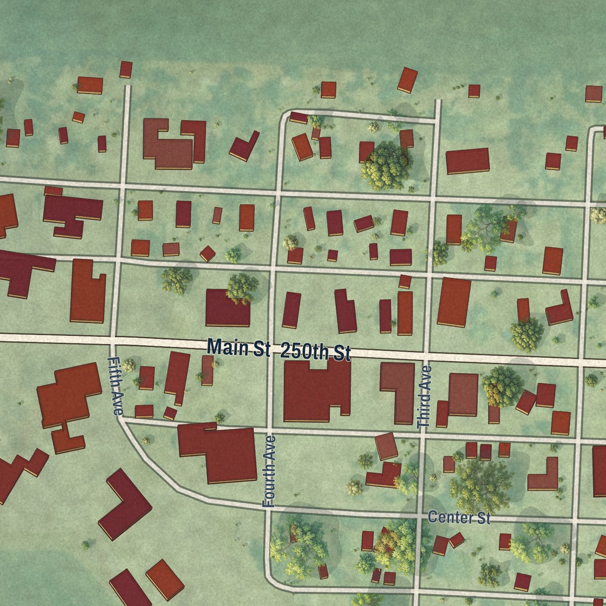Close-up of the map of Melvin, Iowa print showing street and building detail