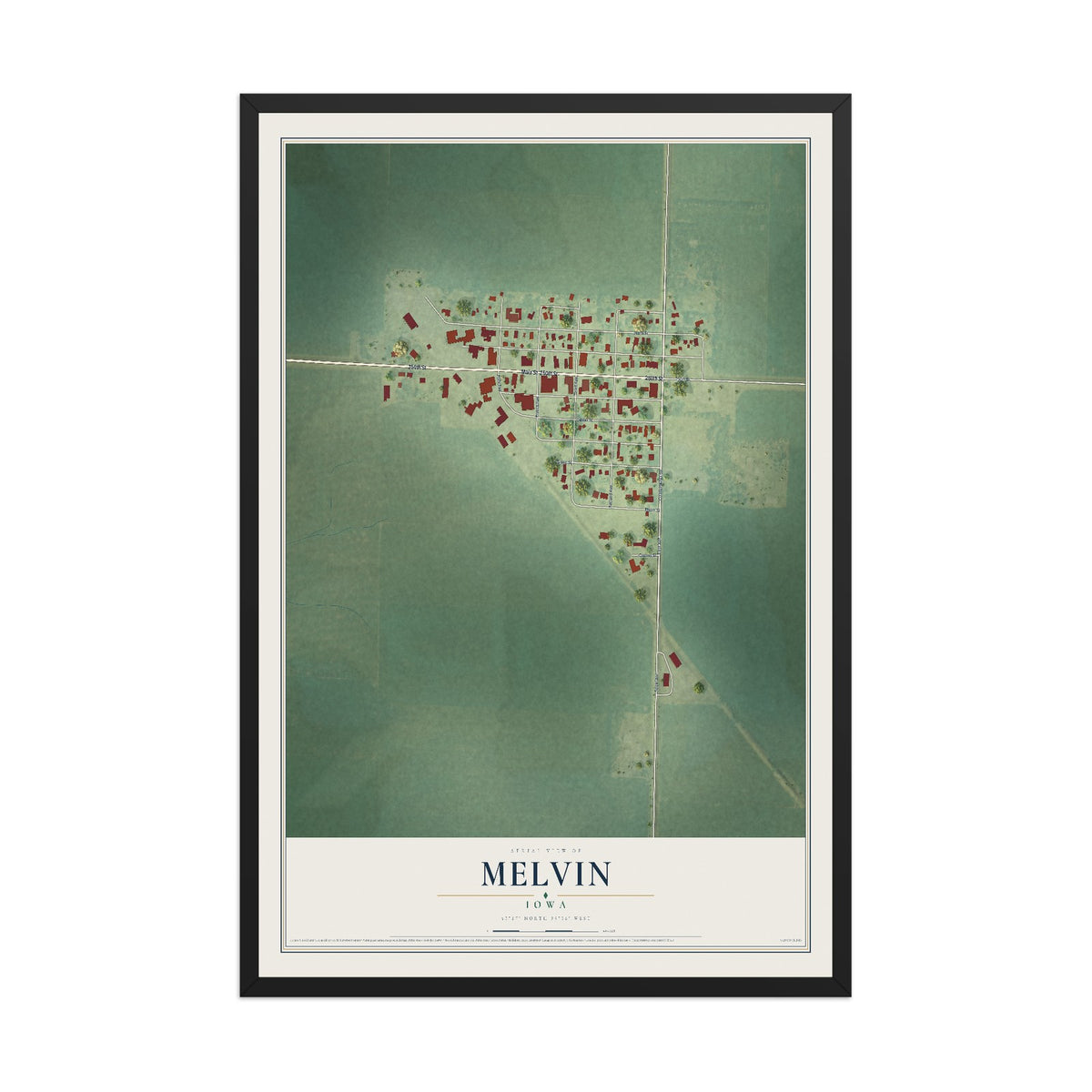 Map of Melvin, Iowa, 12 x 18 inch print in a black wood frame