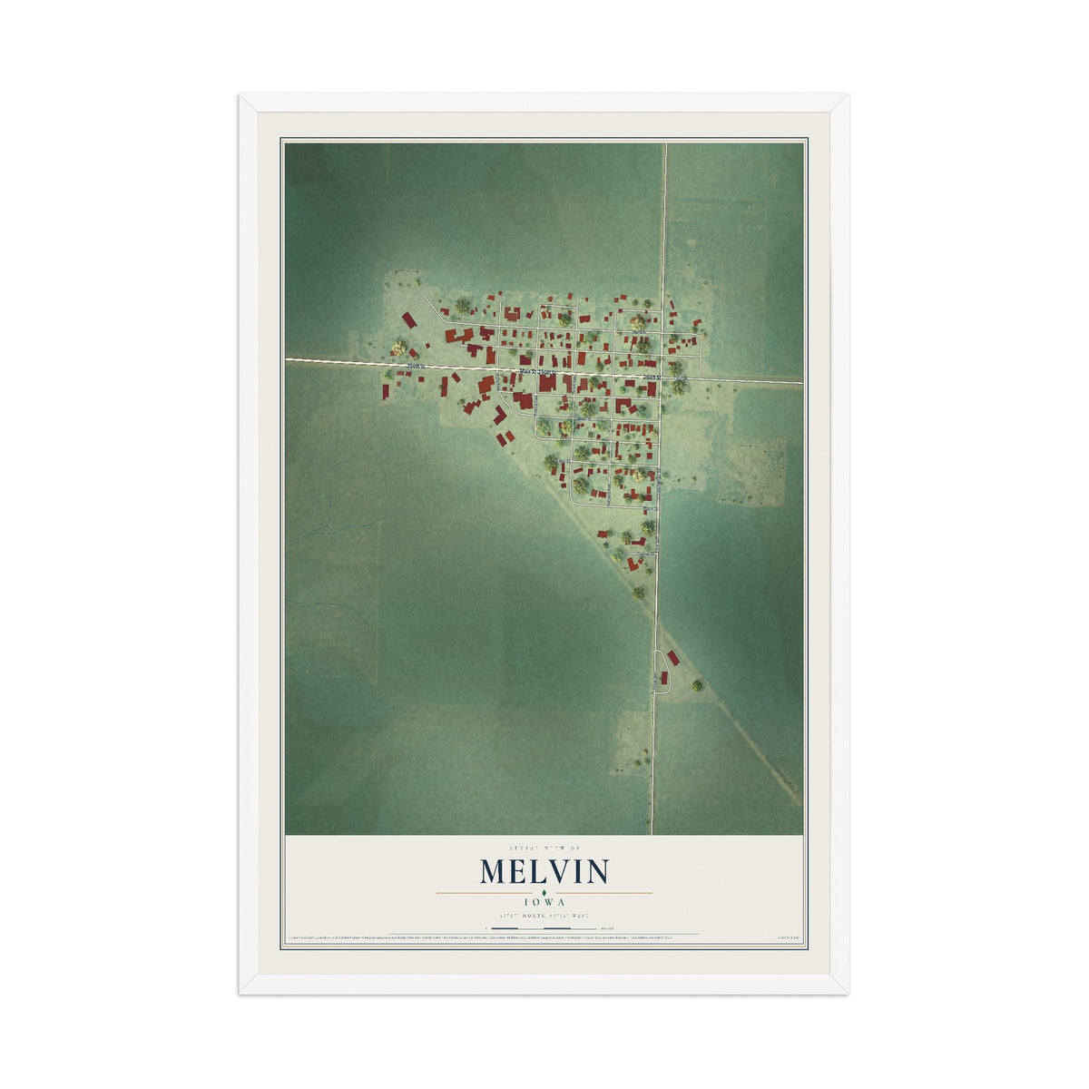 Map of Melvin, Iowa, 12 x 18 inch print in a white wood frame
