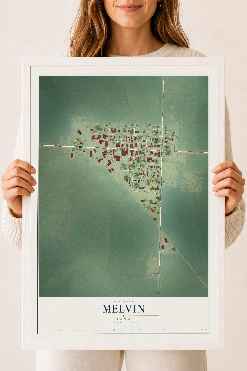 Map of Melvin, Iowa, 18 x 24 inch print in a white wood frame