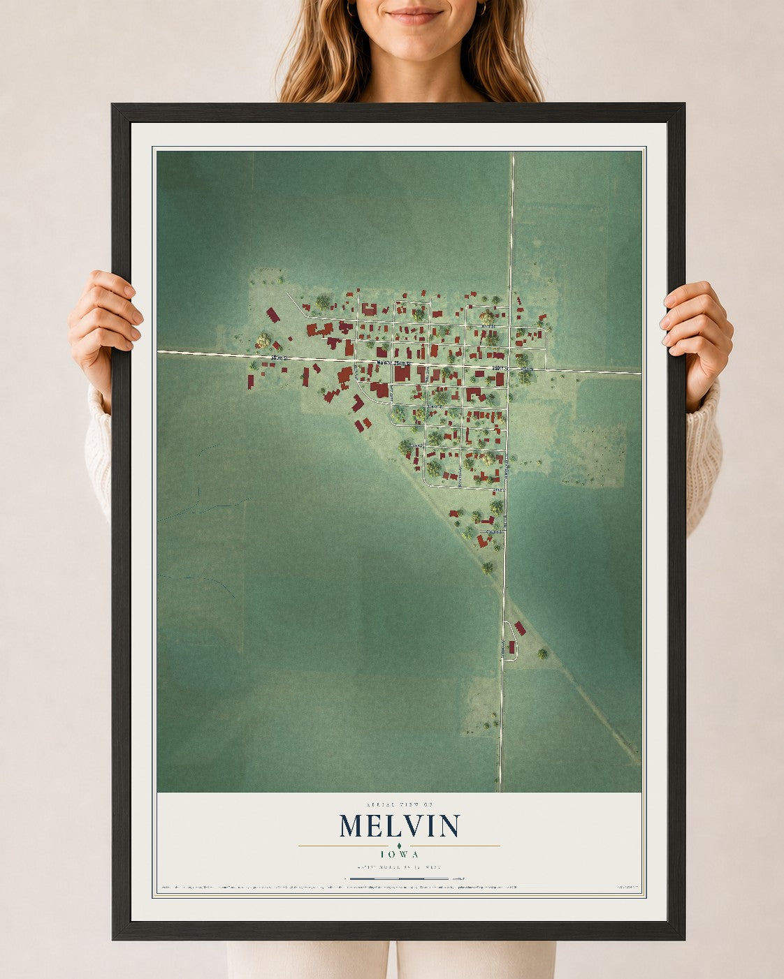 Map of Melvin, Iowa, 24 x 36 inch print in a black wood frame