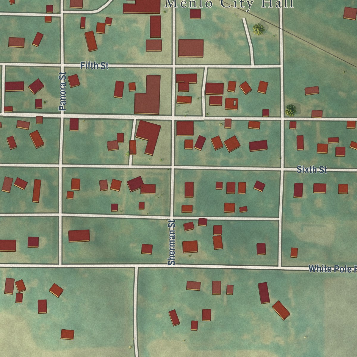Close-up of the map of Menlo, Iowa print showing street and building detail