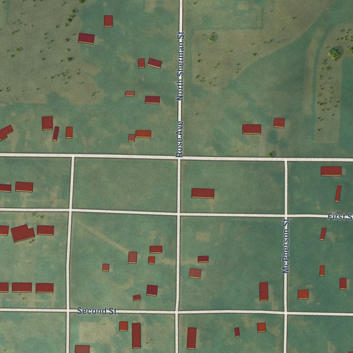 Second close-up of the map of Menlo, Iowa print showing more streets and buildings