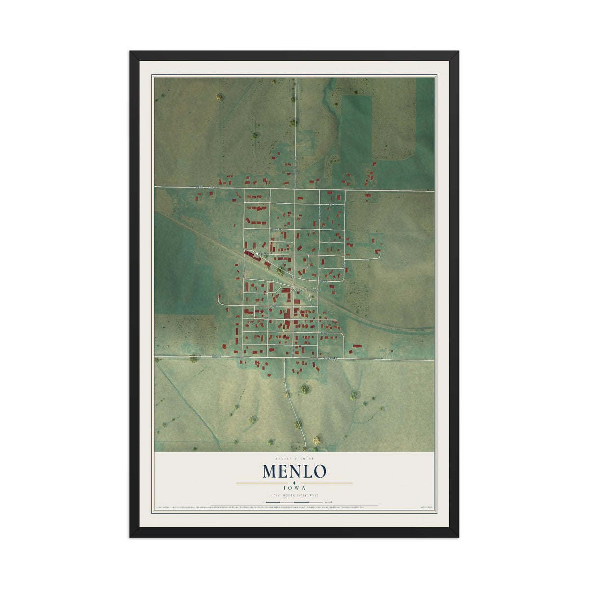 Map of Menlo, Iowa, 12 x 18 inch print in a black wood frame