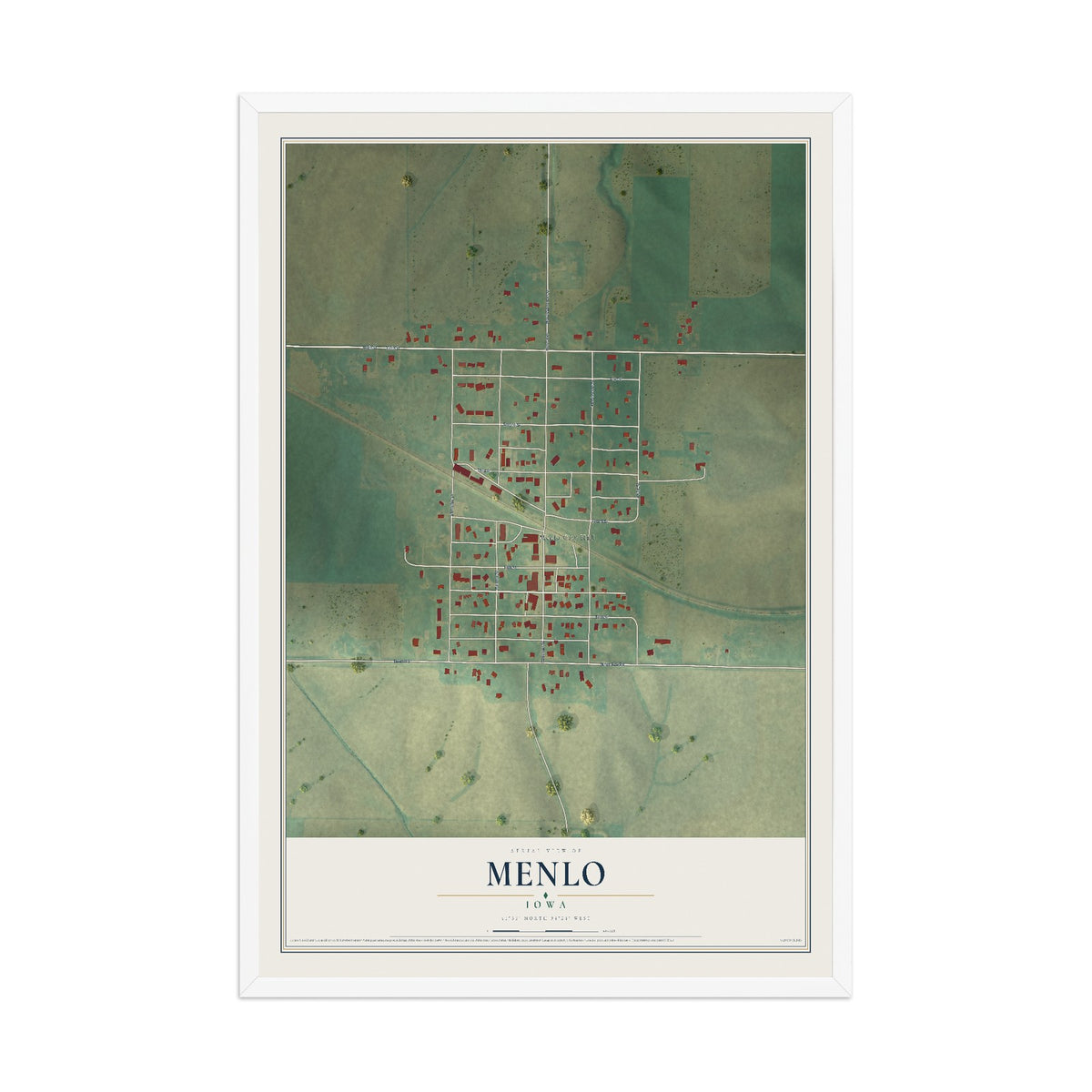 Map of Menlo, Iowa, 12 x 18 inch print in a white wood frame