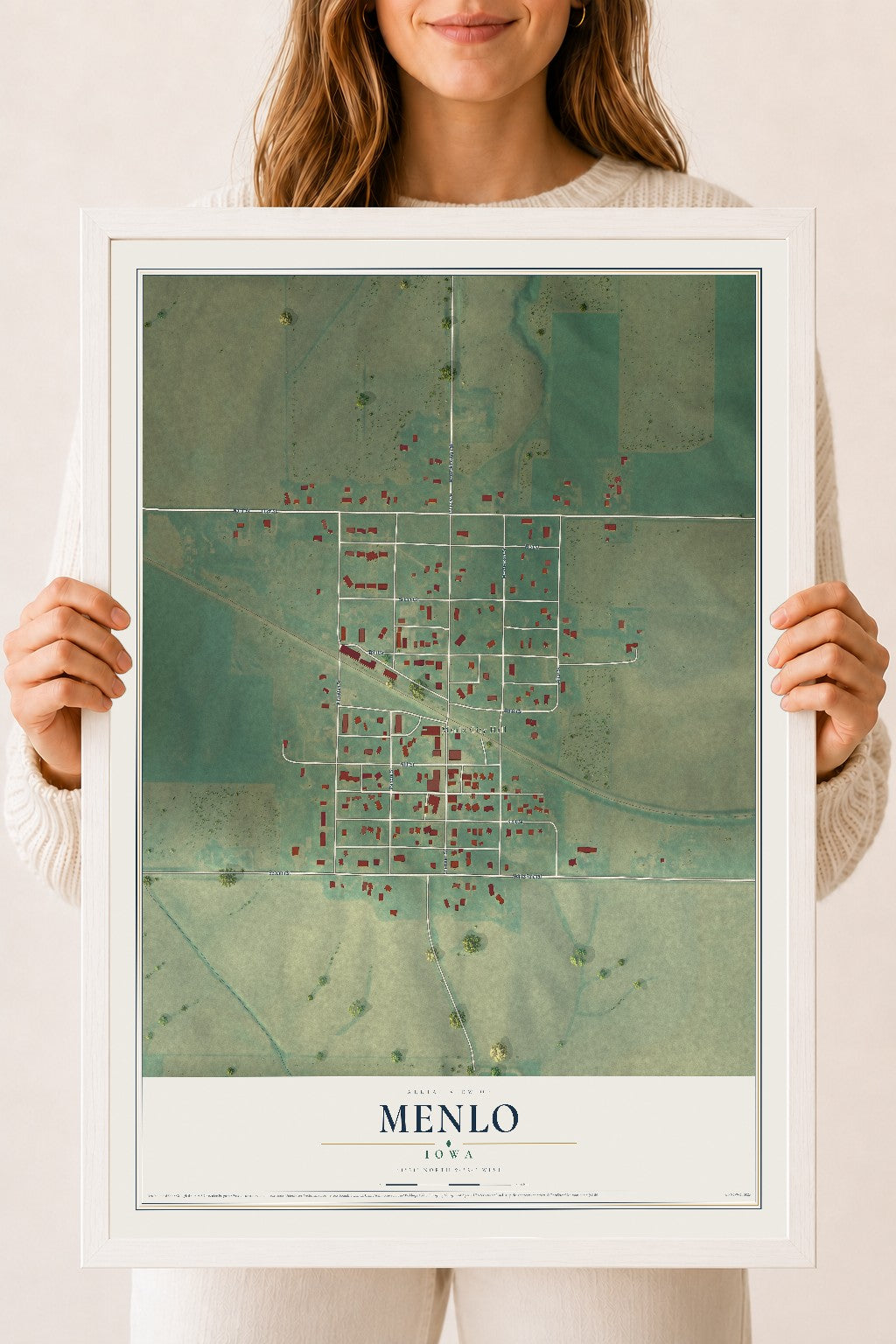 Map of Menlo, Iowa, 18 x 24 inch print in a white wood frame