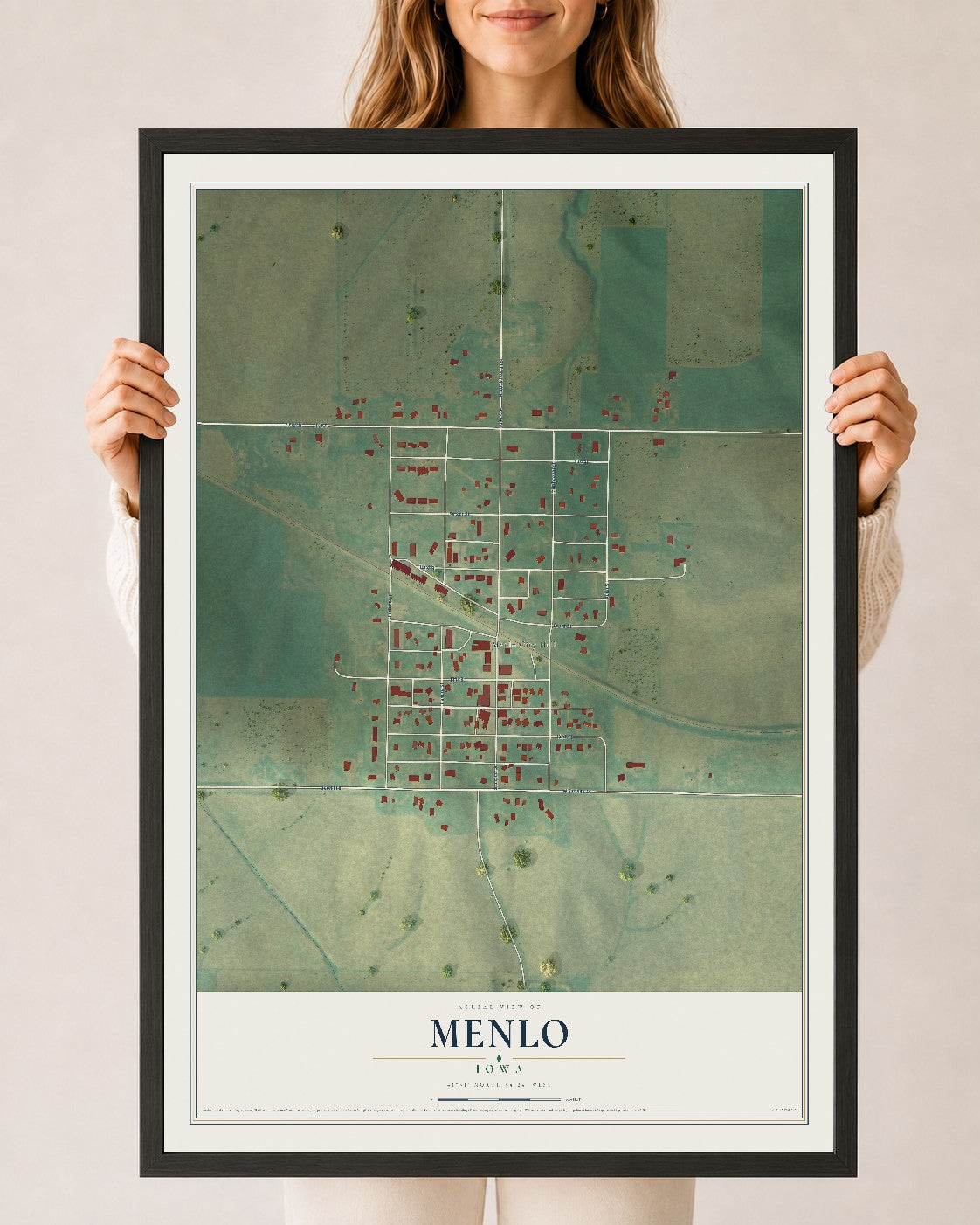 Map of Menlo, Iowa, 24 x 36 inch print in a black wood frame