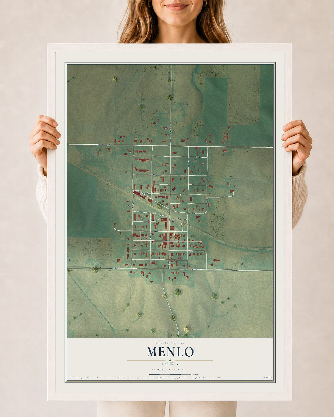 Map of Menlo, Iowa, 24 x 36 inch print in a white wood frame