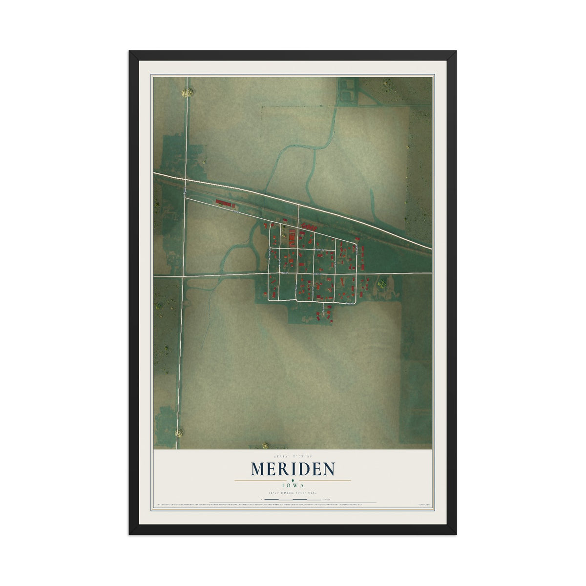 Map of Meriden, Iowa, 12 x 18 inch print in a black wood frame