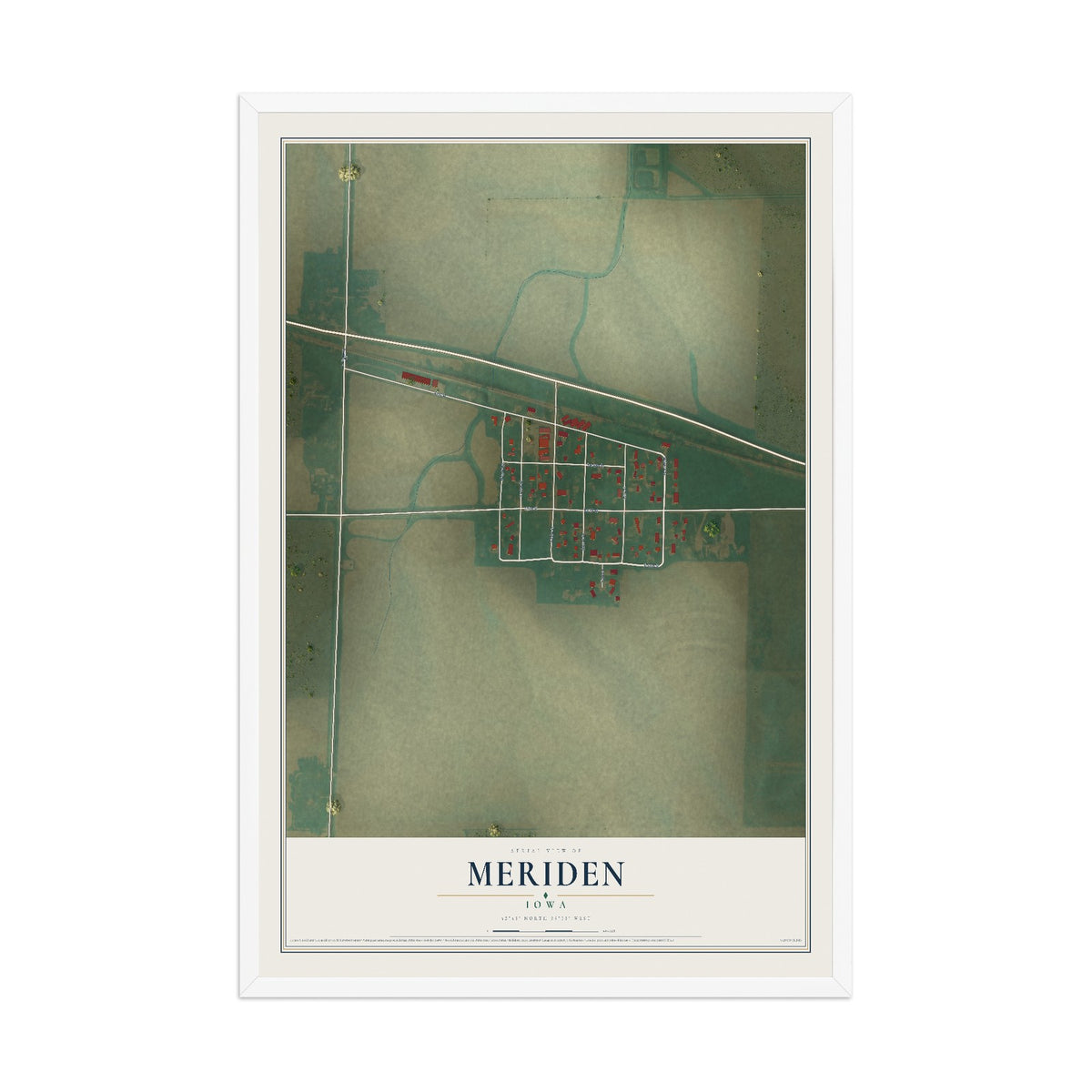 Map of Meriden, Iowa, 12 x 18 inch print in a white wood frame