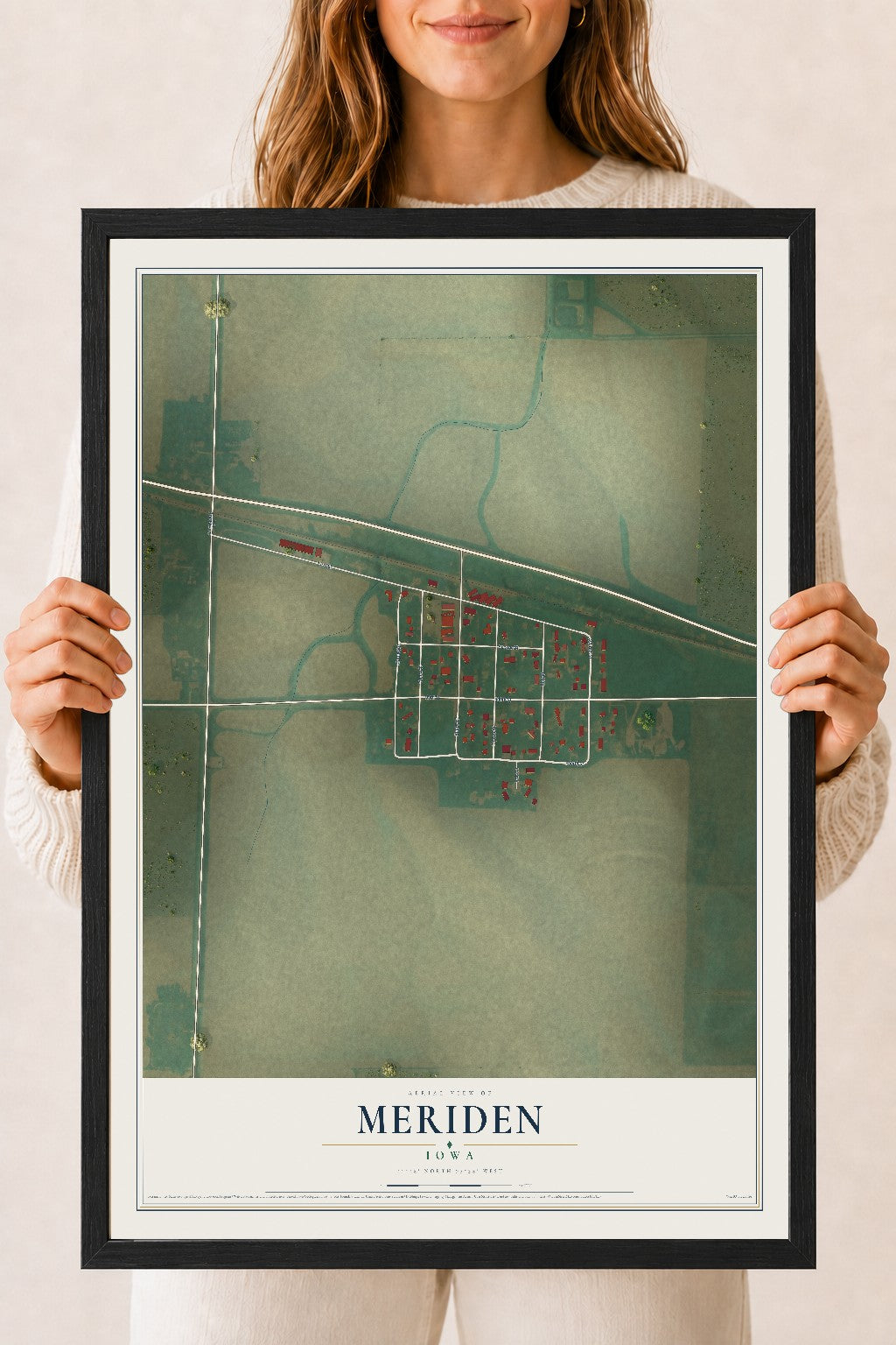 Map of Meriden, Iowa, 18 x 24 inch print in a black wood frame
