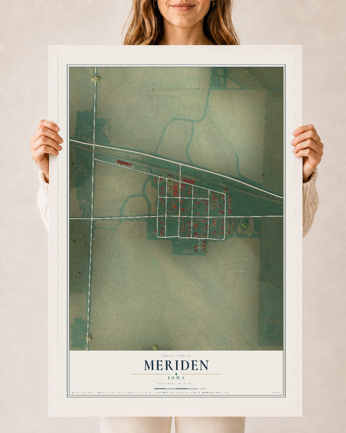 Map of Meriden, Iowa, 24 x 36 inch print in a white wood frame