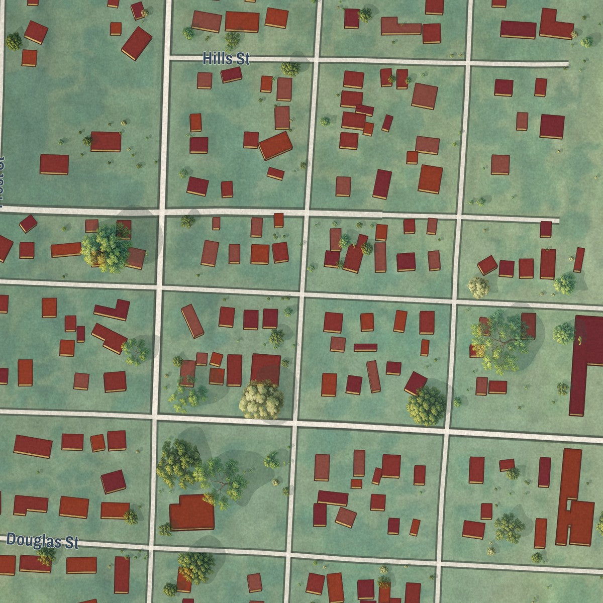Close-up of the map of Merrill, Iowa print showing street and building detail