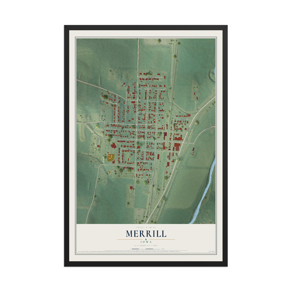 Map of Merrill, Iowa, 12 x 18 inch print in a black wood frame