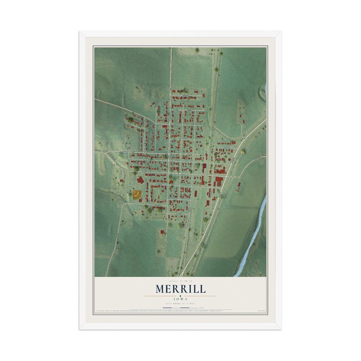 Map of Merrill, Iowa, 12 x 18 inch print in a white wood frame