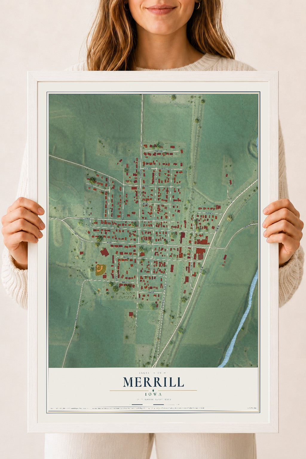 Map of Merrill, Iowa, 18 x 24 inch print in a white wood frame