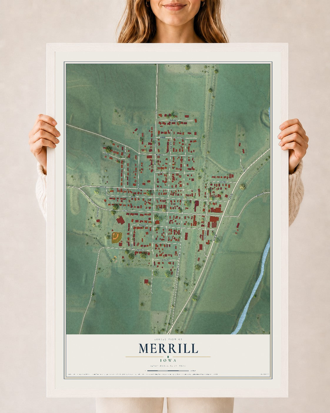 Map of Merrill, Iowa, 24 x 36 inch print in a white wood frame