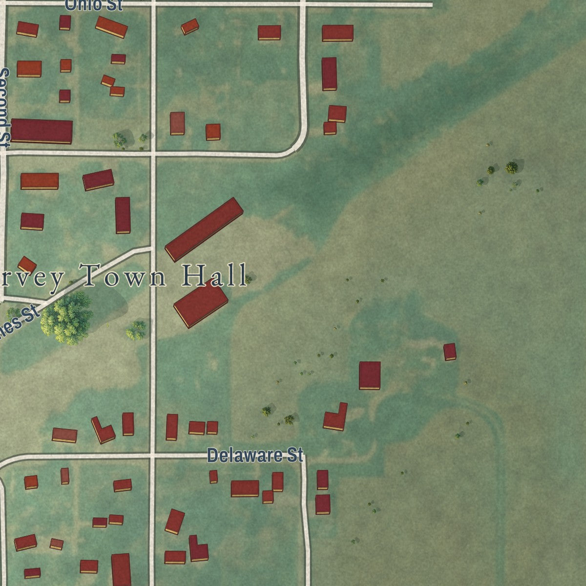 Close-up of the map of Meservey, Iowa print showing street and building detail