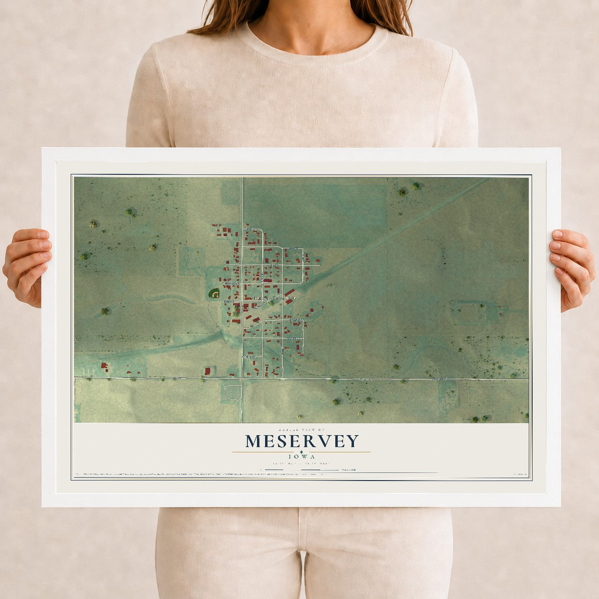 Map of Meservey, Iowa, 12 x 18 inch print in a white wood frame