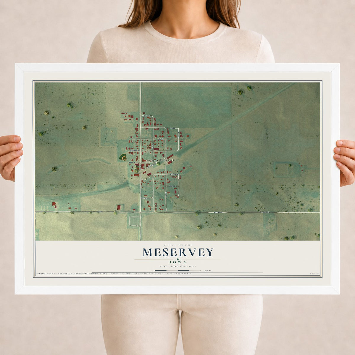 Map of Meservey, Iowa, 18 x 24 inch print in a white wood frame