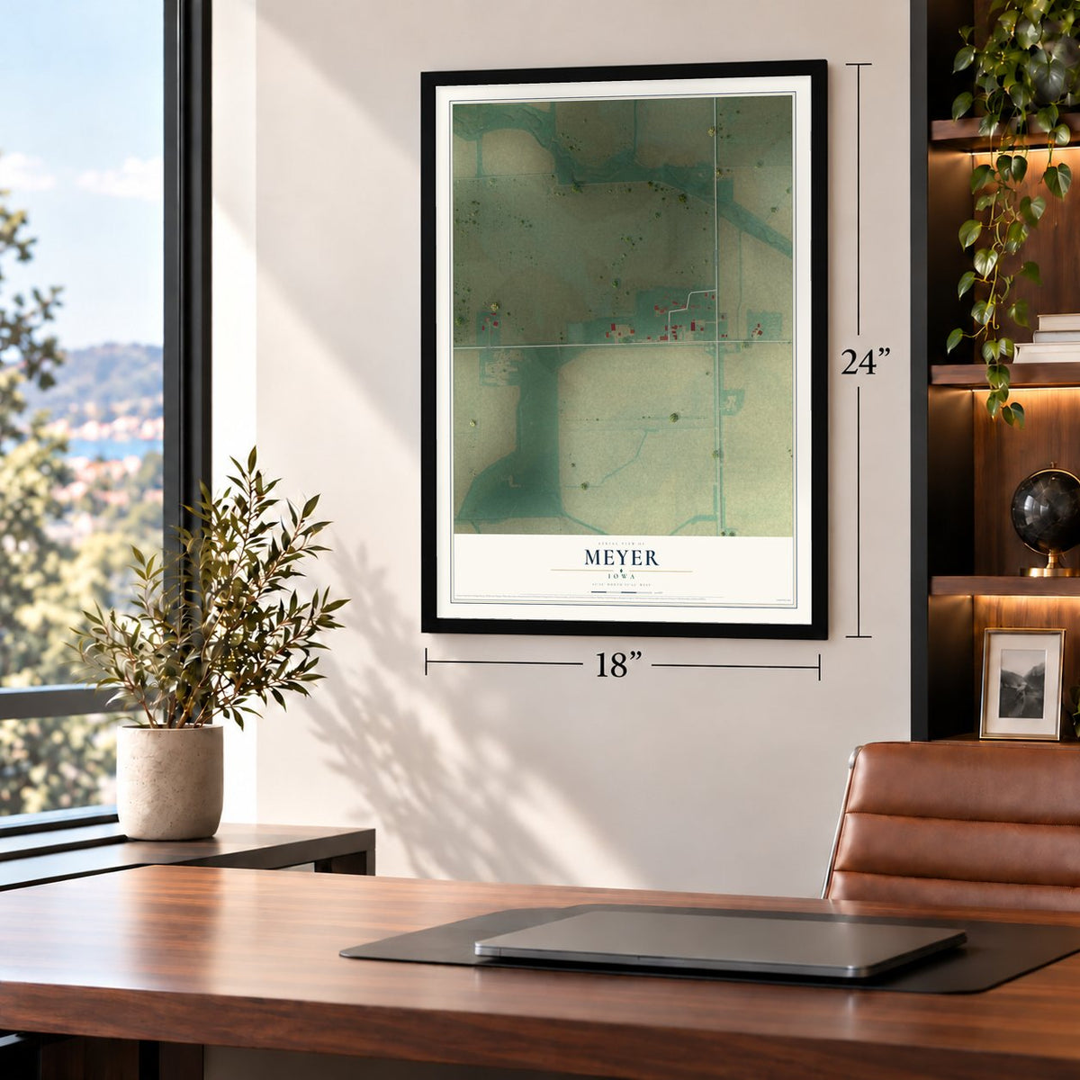 Meyer, Iowa map, 18 x 24 inch print in a black frame in a home office
