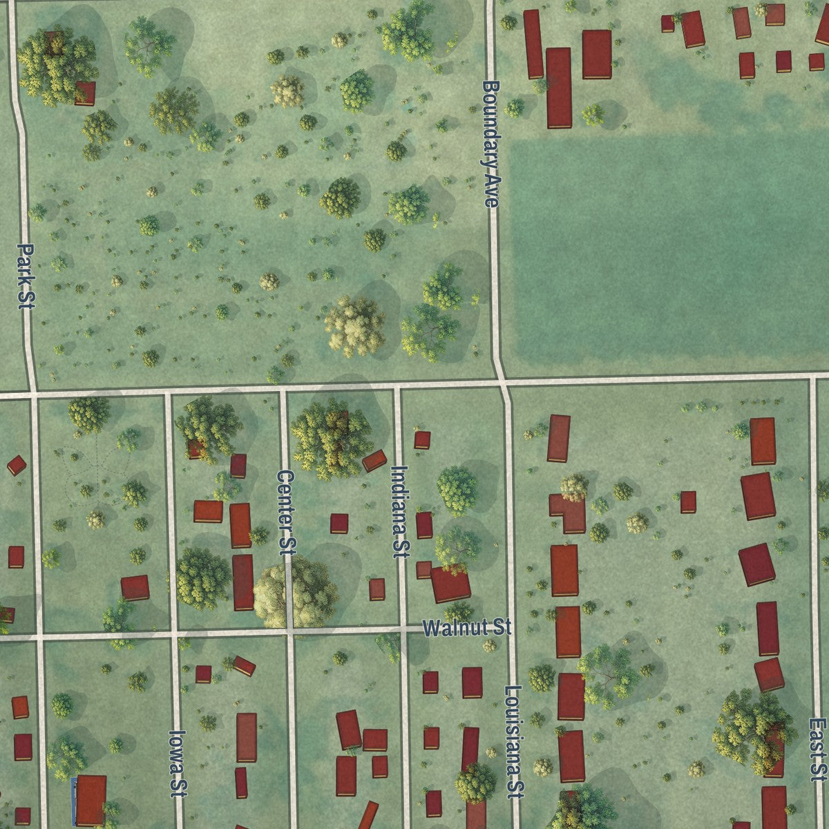 Close-up of the map of Middletown, Iowa print showing street and building detail