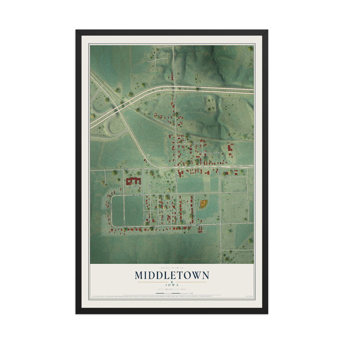 Map of Middletown, Iowa, 12 x 18 inch print in a black wood frame