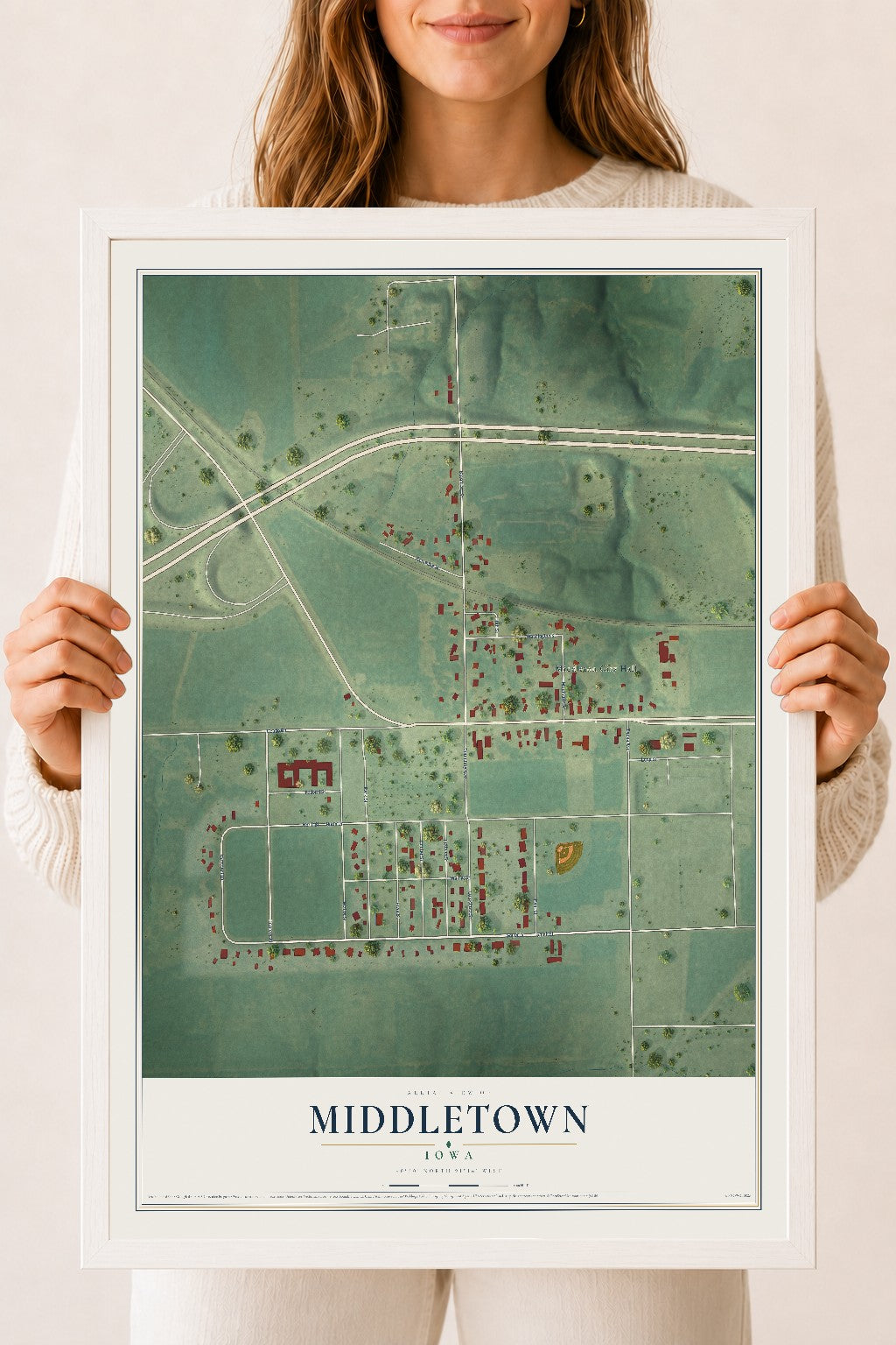 Map of Middletown, Iowa, 18 x 24 inch print in a white wood frame