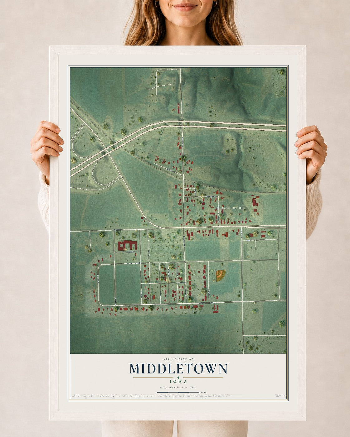 Map of Middletown, Iowa, 24 x 36 inch print in a white wood frame