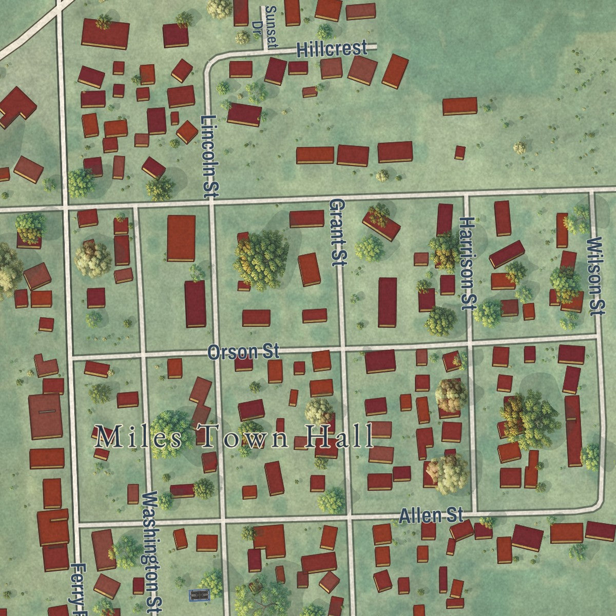 Close-up of the map of Miles, Iowa print showing street and building detail