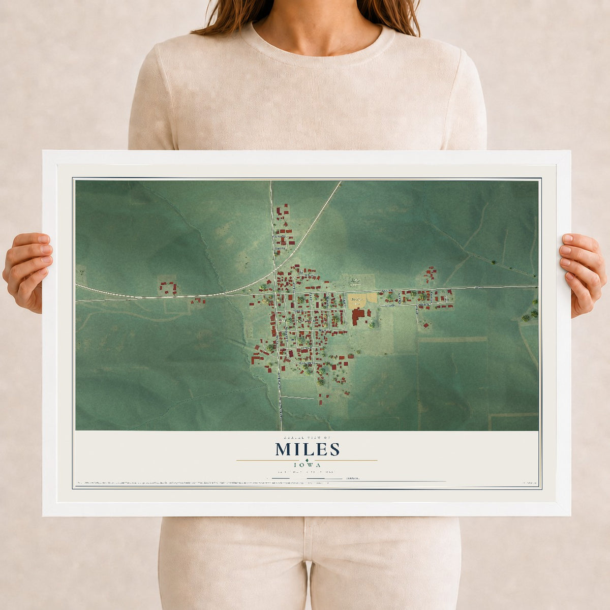 Map of Miles, Iowa, 12 x 18 inch print in a white wood frame