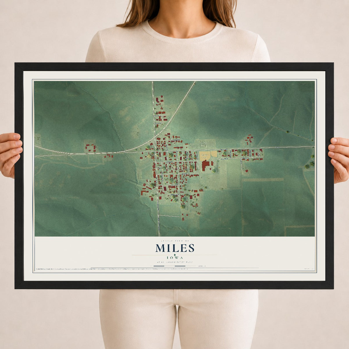 Map of Miles, Iowa, 18 x 24 inch print in a black wood frame