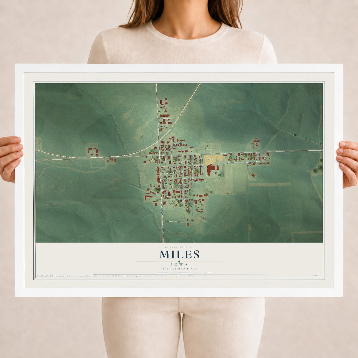 Map of Miles, Iowa, 18 x 24 inch print in a white wood frame