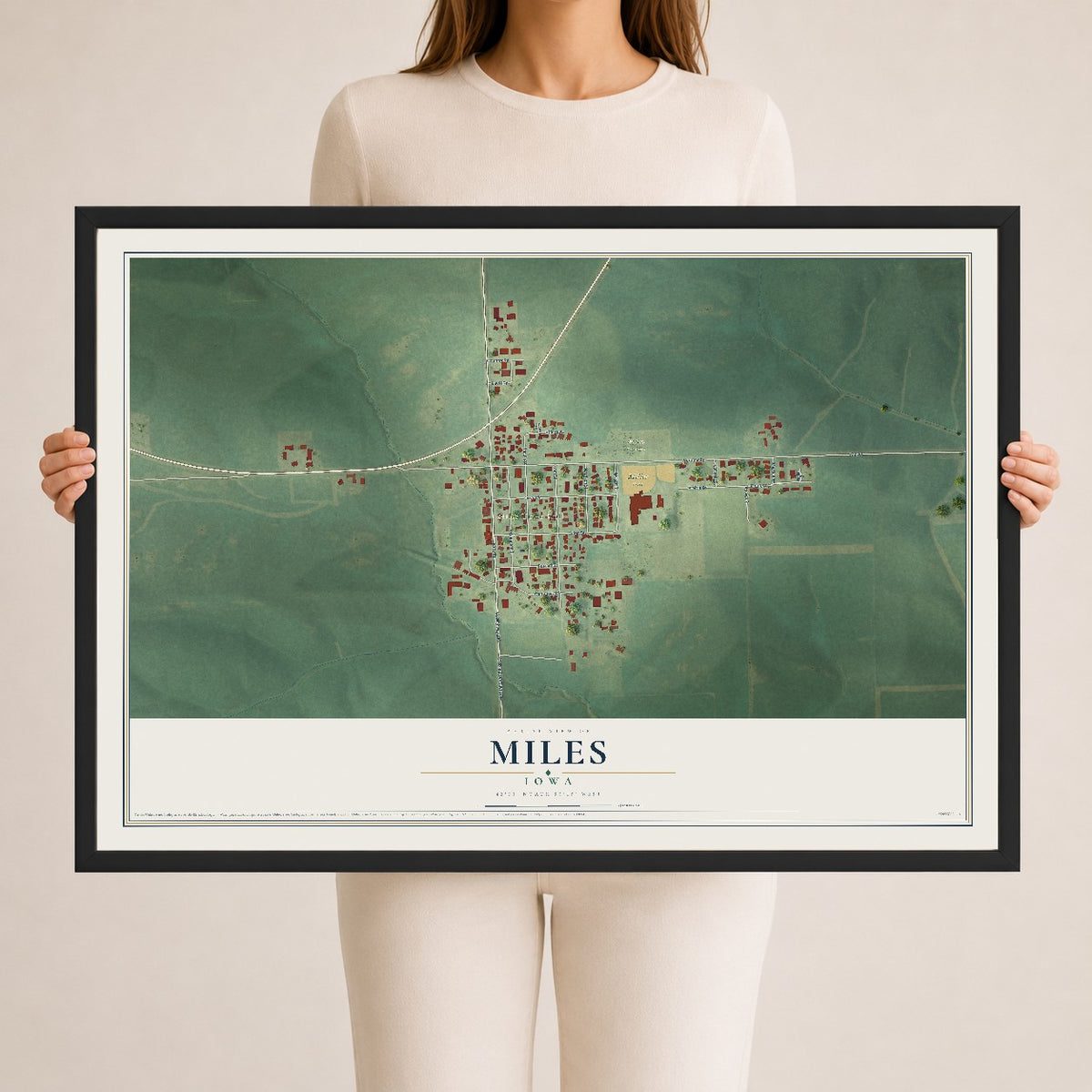 Map of Miles, Iowa, 24 x 36 inch print in a black wood frame