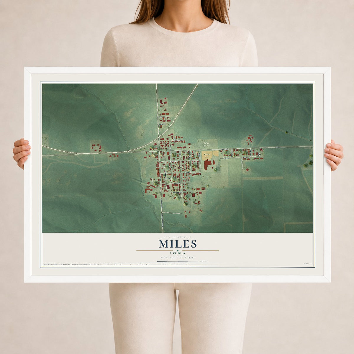 Map of Miles, Iowa, 24 x 36 inch print in a white wood frame