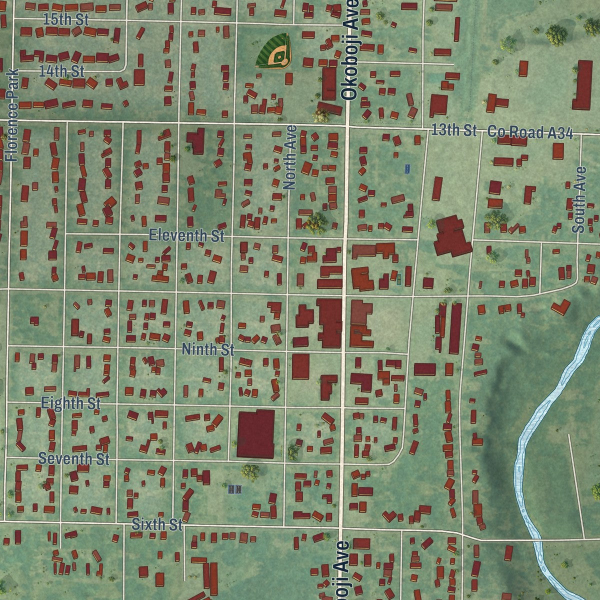 Close-up of the map of Milford, Iowa print showing street and building detail
