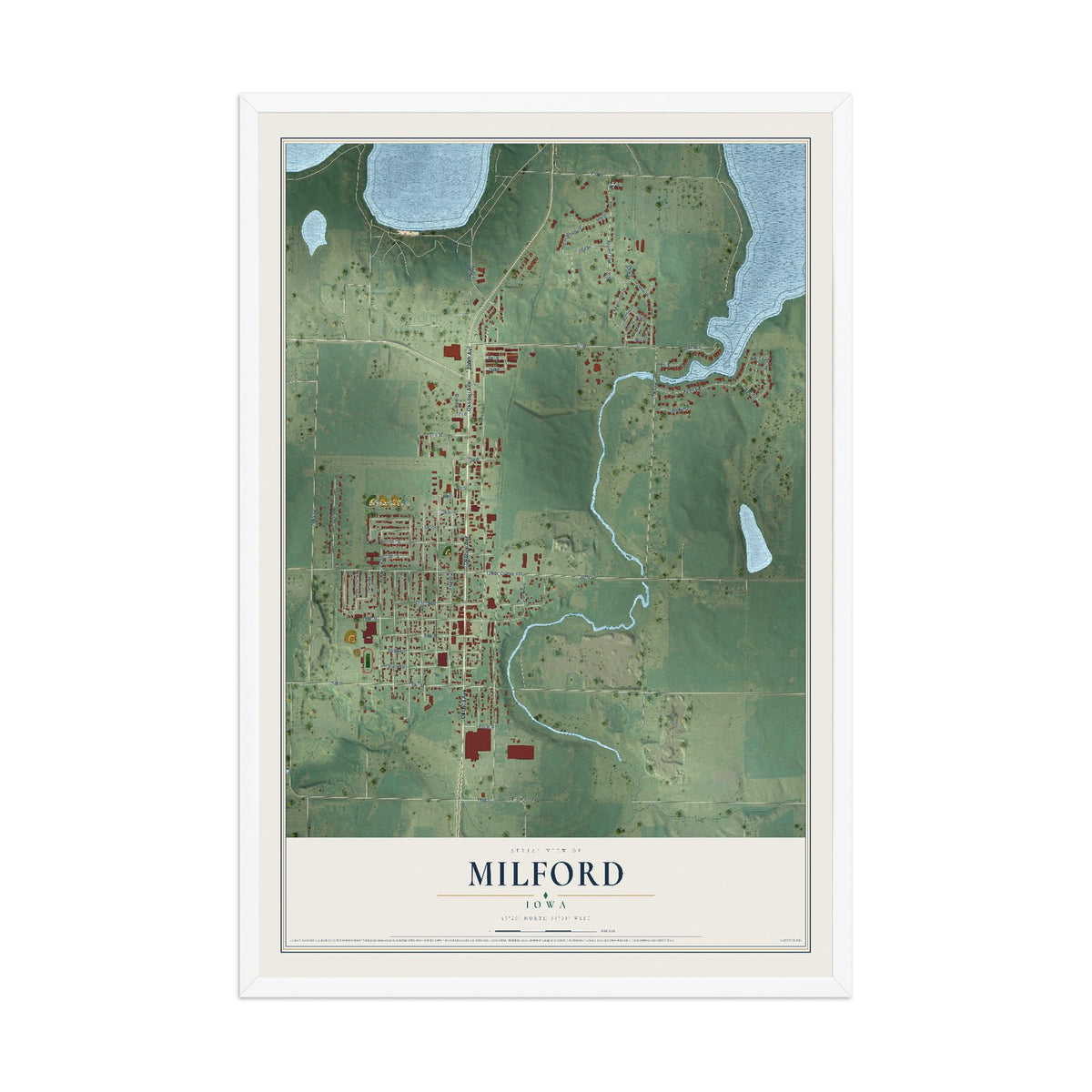Map of Milford, Iowa, 12 x 18 inch print in a white wood frame