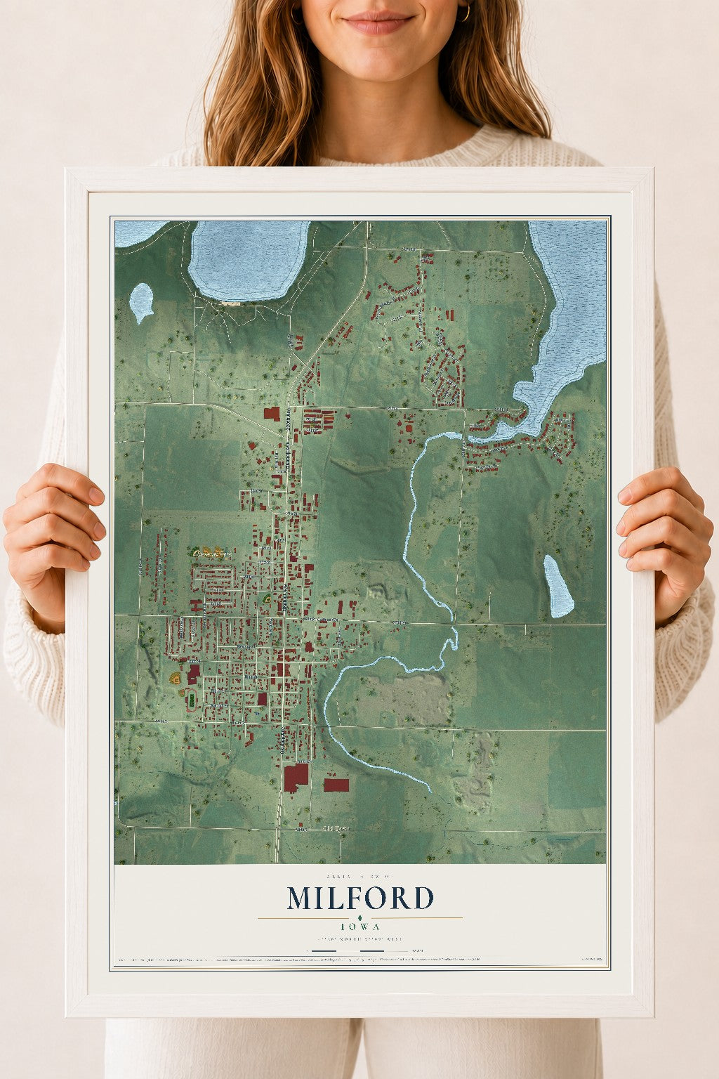 Map of Milford, Iowa, 18 x 24 inch print in a white wood frame